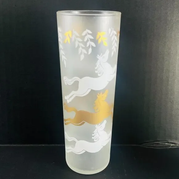 VTG Libbey CAVALCADE Collins Glasses Lot of 6 Prancing Horses Frosted Gold MCM - Picture 2 of 9